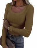 2025 Thread Pit Strips Long Long-Sleeved Square Collar T-Shirt Elegant Short Sleeves