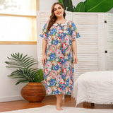 Spring And Summer Plus Code Lady Home Dress Skirt Short-Sleeved Lace Splicing Four-Sided Bullet Print Home Pajamas Woman
