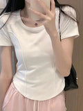 Positive Shoulder Short Sleeve T-Shirt Girls Summer Slime Under The Irregular Curves Under The Short Skinny Fish Bone Cotton Top