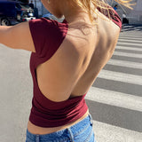 Dili 2025 Spring/Summer Y2K Sexy Babes Hollow Bare Back Solid Color Top Short-Sleeved Women's T-Shirt