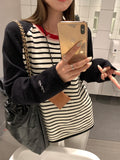 Black And White Striped Round-Neck Long-Sleeved T-Shirt Women In Autumn And Winter Lazy Relaxed Feeling Thin Coat