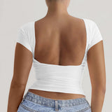 Kaiku 2025 Spring And Summer Pure Color Round Collar Leakage Back Short Sleeve Sexy Body Y2K Top T-Shirt Women's Clothing
