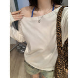 Tibetan Blue Babes Sexy Oblique Shoulder Long-Sleeved T-Shirt Girl With Shoulder Early Autumn Lazy Wind Loose Thin Shoulder