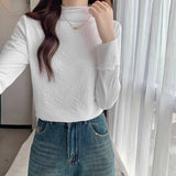 French Temperament Shoulder Lace Side Bottom T-Shirt T-Shirt Women Autumn And Winter Plus Velvet Half-High Collar Long Sleeves To Put On The Top