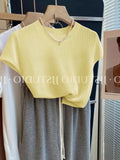 Summer Blue Little Flying Sleeve Ice Silk Knitted Short-Sleeved T-Shirt Femininity Slime Straight Shoulder Unique Beautiful Top