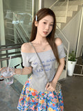 Super Good-Looking Flower Gray Collared Shoulder Hottie Short-Sleeved T-Shirt Girl Summer Letter Print Design Beautiful Top