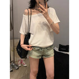 One-Word Collar Shoulder Design Loose Solid Color Short-Sleeved T-Shirt 2026 Summer New Slanted Shoulder Lazy Top
