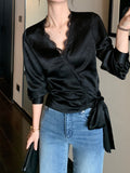 2026 Spring New Grip On The Ribbon Ribbon Top Elegant Luster Splicing Lace Long-Sleeved Shirt Women V Collar Waist Lining