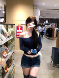 Pure Cotton Oblique Shoulder Collar Long-Sleeved T-Shirt Girl Early Autumn Sweet Hot Girl Folded Waist Short Hidden Blue White Top