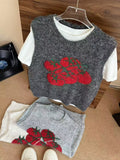 Korean Round-Necked Tomato Pattern Knitted Vest Women In Early 2025 New Folded Sleeveless Sweater Vest Top
