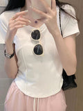 Positive Shoulder Short Sleeve T-Shirt Girls Summer Slime Under The Irregular Curves Under The Short Skinny Fish Bone Cotton Top