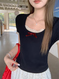 Korean Pure-Want Bow Hottie Lace Splicing Design Short-Sleeved T-Shirt Girl 2026 Summer New Repair Body