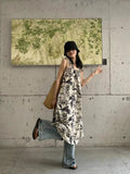 Ink Print Sling Skirt Summer Girl Retro Folded Texture Loose Sleeveless Dress Long Skirt