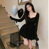 French Sexy Hottie Pure Lust Square Collar Collar Long-Sleeved Dress Women's Autumn New Small Waist Skirt