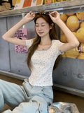 Sweet And Pure Lust Lace Spliced Short-Sleeved T-Shirt 2026 Summer New Straight Shoulder Temperament Top