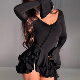 Summer New Hot Horn Sleeves To Close The Waist Short Dress Sexy Hottie Single Buckle Dress Woman