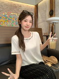 Korean Chic Nail Bead Design Sense Niche Shoulder Short Sleeve Round-Neck T-Shirt Beautiful New Unique Top