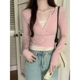 Cunct Button Bump Color Fake Two V-Neck Long-Sleeved T-Shirt Girls Spring And Autumn Slimming Hot Girls Short Bottom Shirt Top