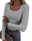 New Explosion Thread Pit Strips Long-Sleeved Sexy U-Neck Casual Women's T-Shirt