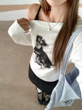 White Puppy Letter-Print Shoulder Strap Design Long-Sleeved T-Shirt Women's Early Autumn Angle Shoulder Folded Shoulder