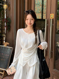 White Irregular Cross-Thin Micro-Permeable Sunscreen Hood T-Shirt Women 2026 Early Autumn New Loose Long-Sleeved Top