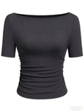 Hottie Solid Color Boat Collar Horn Sleeve T-Shirt Girl 2025 Autumn Dress Folds Thin Tops Long Sleeve