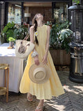 Gentle Style Yellow Lattice Vest Dress Women Summer Sweet Temperament Super Fairy Round Neckless Vacation Dress