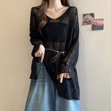 Lazy Wind Wearing A Hollow Knitted Shirt Women 2025 Spring And Summer Harvest In The Middle Of The Long Outer Hoodie Shirt Thin Sunscreen