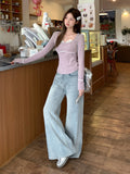 Autumn And Winter New Fake Two Lace Hanging Neck Low Collar Long Sleeve Knitted Bottom Shirt Women Pure Desire To Put On A Small Top