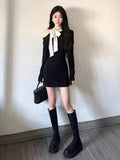 Hepburn Small Fragrant Wind Shoulder Bow Knitted Small Black Dress Woman Autumn Luxury High-End Evening Dress Dress
