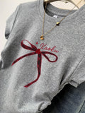 Pure Cotton Bow Short-Sleeved T-Shirt Women's Summer 2025 New Design Sense Small Man Repair On The Shoulder