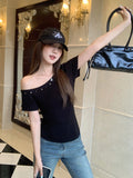 Slanted Shoulder Black Short-Sleeved T-Shirt 2026 Summer New Hot Diamond Design With A Unique Temperament Blouse