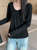 Pure White U-Necked Shirt Long-Sleeved T-Shirt Women's Early Autumn Lazy Relaxed Leisure Pure Cotton On The Basis Of Clothing