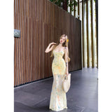 Holiday Wind Strapped With Bare Back Sling Dress Female Summer Floral Dress Babes To Close The Waist Fishtail Skirt With Hip Dress