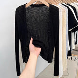 Large-Size Blue V-Neck Ice Silk Sunscreen Knitted Cardigan Women's Summer Thin Slings With Knitted Blouse Shawl