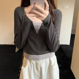 Cunct Button Bump Color Fake Two V-Neck Long-Sleeved T-Shirt Girls Spring And Autumn Slimming Hot Girls Short Bottom Shirt Top