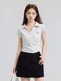 Pure Cotton Youth College Style POLO Shirt Shoulder Short Sleeve T-Shirt Female Collar Bow Embroidery Wrinkles Waist Top