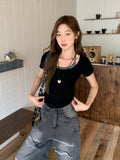 College Wind Fake Two Shoulder Short-Sleeved T-Shirt Women 2026 Summer New Slimming Unique Beauty Blouse