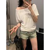 Summer Shoulder Sexy T-Shirt Girl Blue Neckline Collar Collar Slanted Shoulder Short Sleeves Loose Lazi White Top