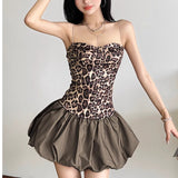 2025 New Retro Babes Leopard Spliced Sling Dress Woman To Repair Height Waist Fluffy Skirt Skirt