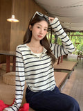 Apricot Stripe Splicing Two Long-Sleeved Knitted T-Shirt Women 2026 Early Autumn Folding Waist Top