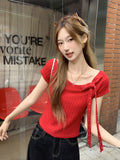 2026 Summer Super Beautiful A Beautiful Word Love Bow Red Short-Sleeved T-Shirt Girl Slime Top