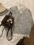 Autumn Soft Glutinous Jace Bow V-Neck Gray Sweater Sweet Loose Lazy Knitted Shirt Winter
