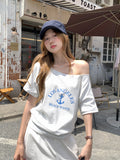 Spice Girl Striped Print Slanted Shoulder Short-Sleeved T-Shirt 2026 Summer New Loose Word Shoulder High-End Feel Top