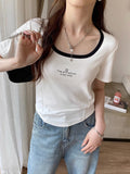 Positive Shoulder Collar Short-Sleeved T-Shirt Girls Summer Slim Skinny Collared Short Fish Bone Cotton Tops In Casual Match