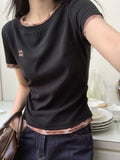 Pure Lattice Splicing Short-Sleeved T-Shirt Girls Summer New Fake Two-Piece Letter Repair Inside The Bottom Top