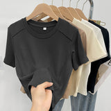 Solid Color Round-Neck Short Sleeves T-Shirt Women 2026 Summer European Goods New Gas-Retro-Ageed Fish Bone Short Shoulder Shirt