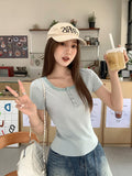 Pure Lust Lace Low Round Neck T-Shirt Women 2026 Summer New Collar Button Repair Bottom Shirt Top