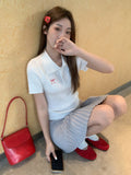 Korean Sweet Bow Poolo Collar Short-Sleeved T-Shirt Girl Spring New Set-Up Hot Girl Small Top
