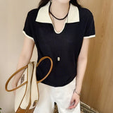 Cicpic Clip Collared Small Thin Knitted Shirt Summer New Temperament Thin Shoulder Short Sleeve Coat Head Woman